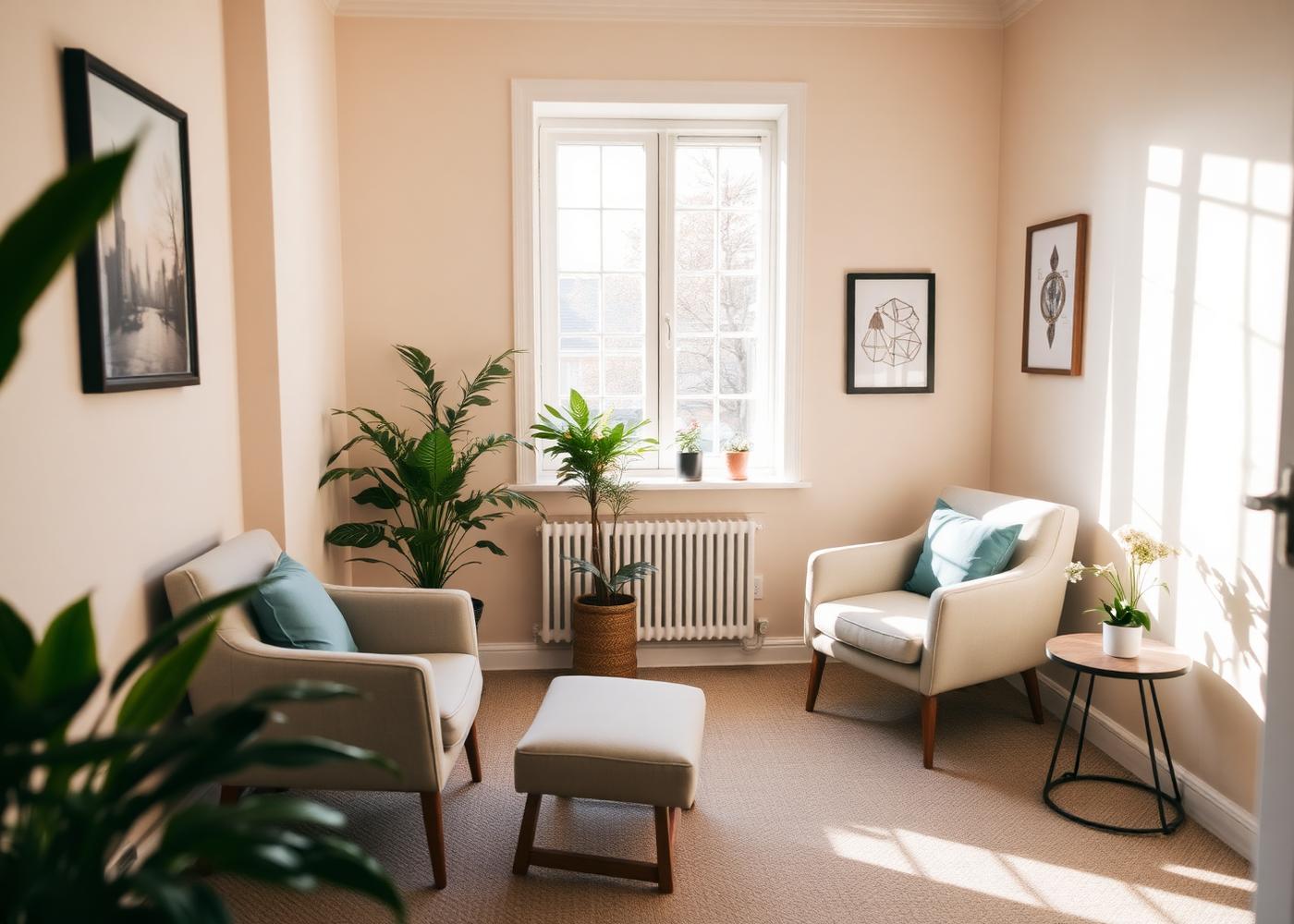 Warm and inviting therapy room with soft lighting and comfortable armchairs